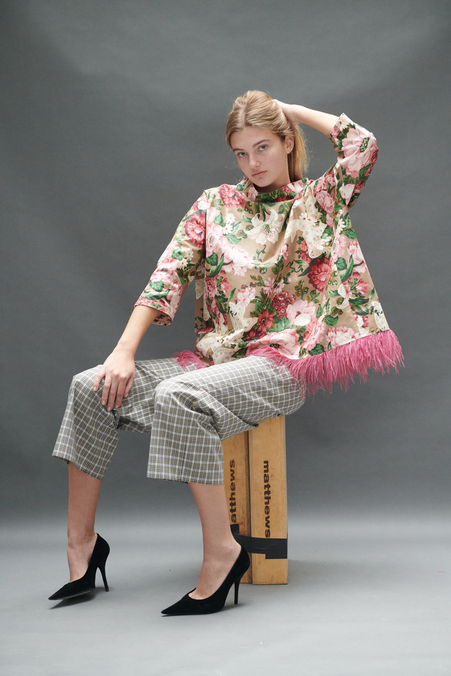 Abigail Coatdress in Rose and Bow Upholstery with Ostrich Feathers