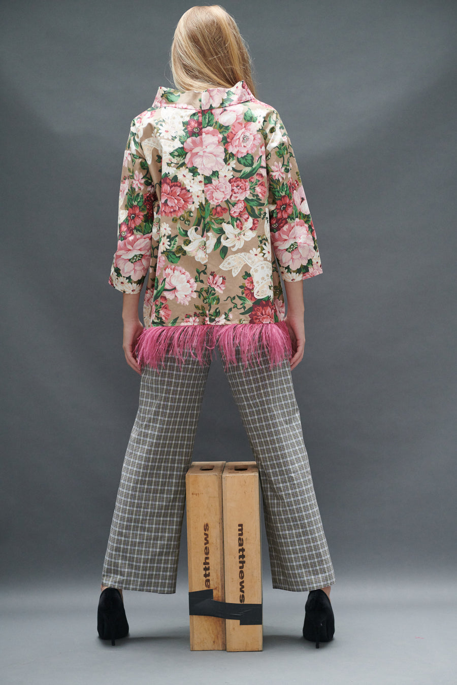 Abigail Coatdress in Rose and Bow Upholstery with Ostrich Feathers