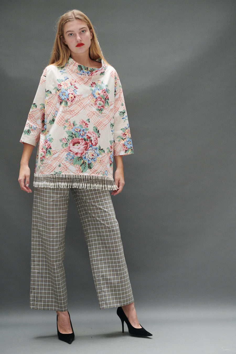 Abigail Coatdress in Floral Trompe L'Oeil Upholstery with Pearl Beaded Trim