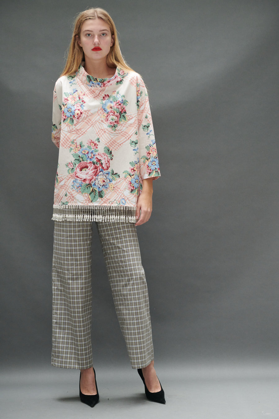 Abigail Coatdress in Floral Trompe L'Oeil Upholstery with Pearl Beaded Trim