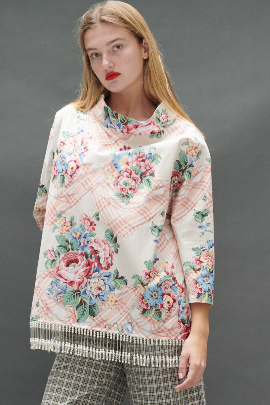 Abigail Coatdress in Floral Trompe L'Oeil Upholstery with Pearl Beaded Trim