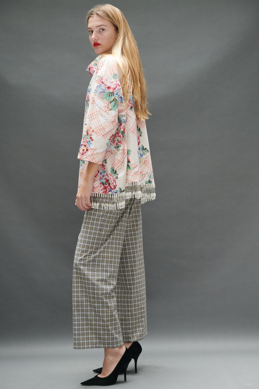 Abigail Coatdress in Floral Trompe L'Oeil Upholstery with Pearl Beaded Trim