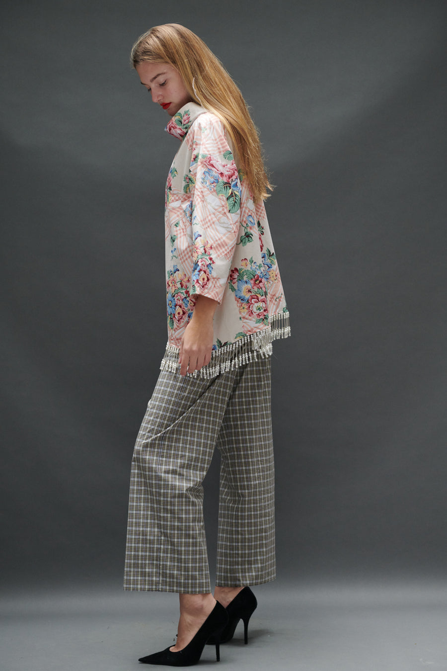 Abigail Coatdress in Trompe L'Oeil Upholstery with Beaded Trim