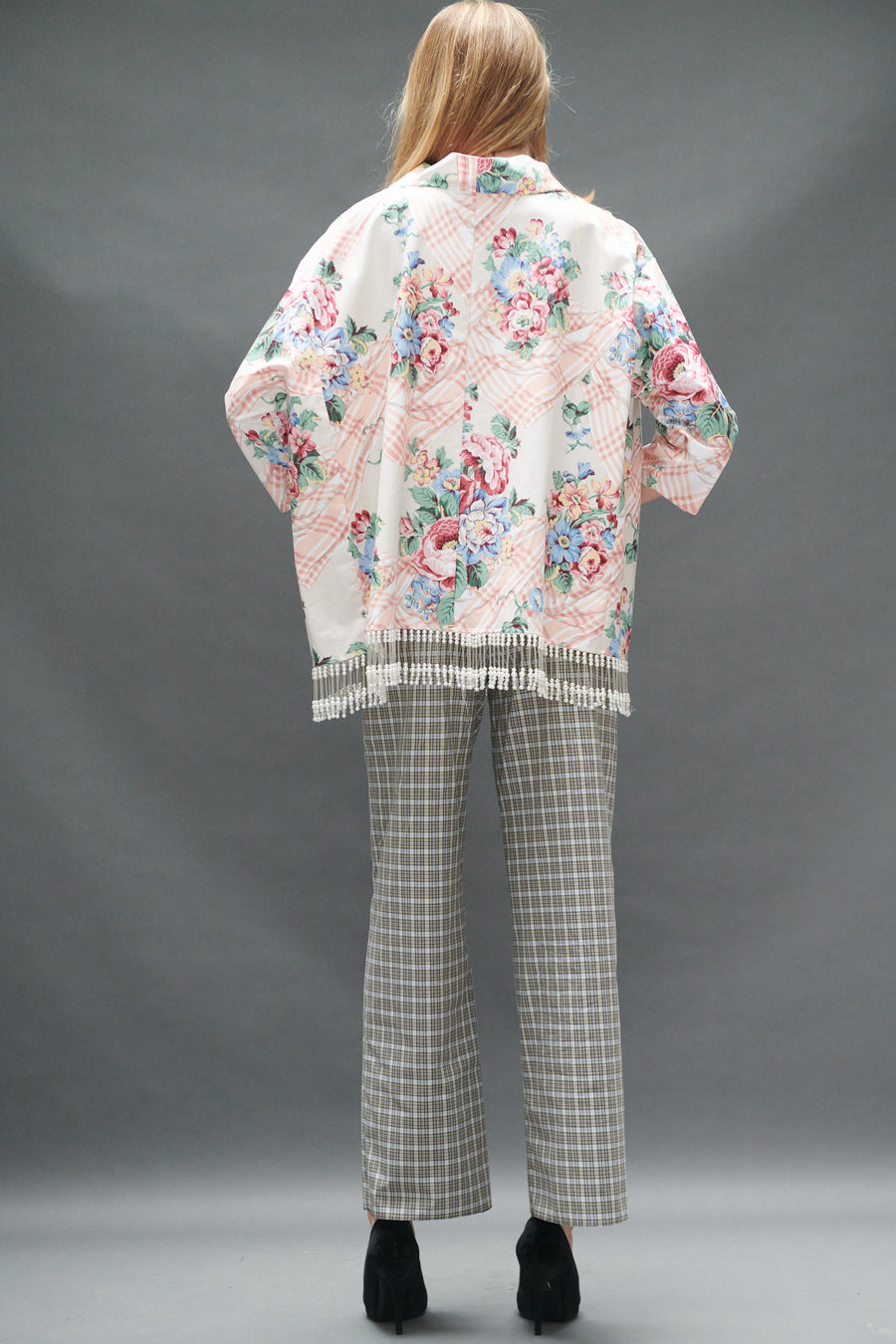 Abigail Coatdress in Floral Trompe L'Oeil Upholstery with Pearl Beaded Trim