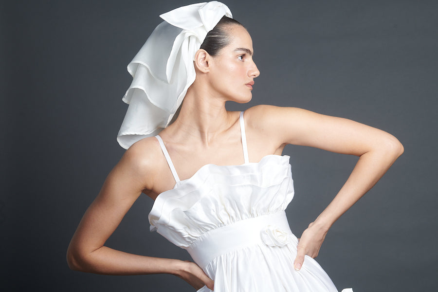 Bride Bow Headband with Veil - White French Bridal Headband With Veil and Bow, Elegant White  main image 2