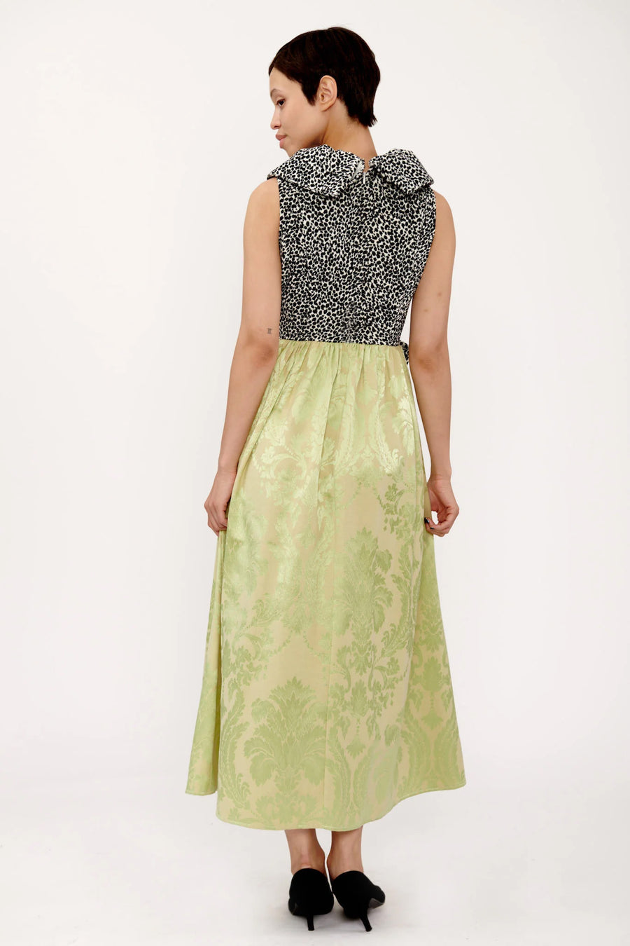 Mandy Dress in Lime Jacquard and Leopard Velvet