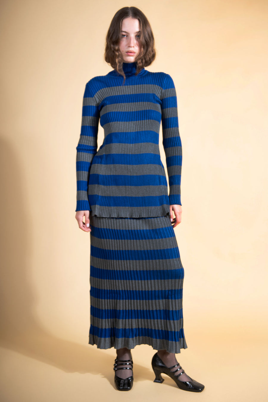 BATSHEVA - Mia Knit Skirt in Blue & Grey Stripe