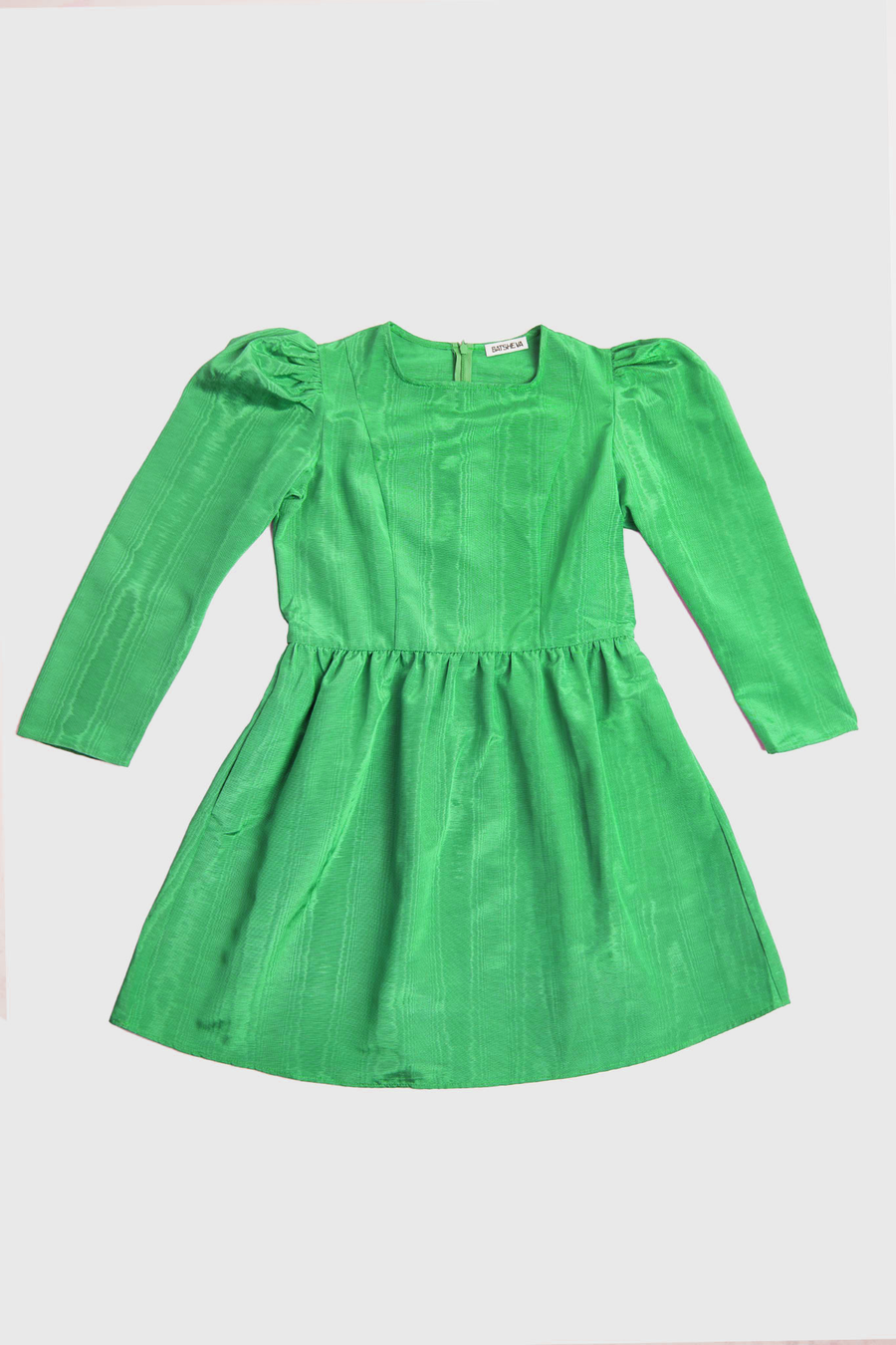BATSHEVA - Square Neck Mini Prairie Dress in Emerald Green Moiré