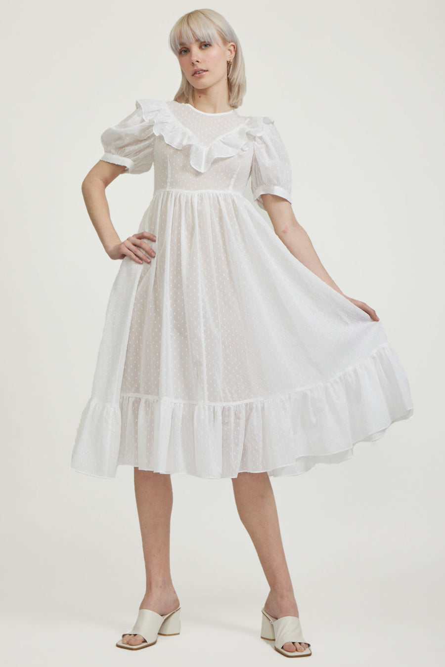 BATSHEVA - May Dress in White Swiss Dot