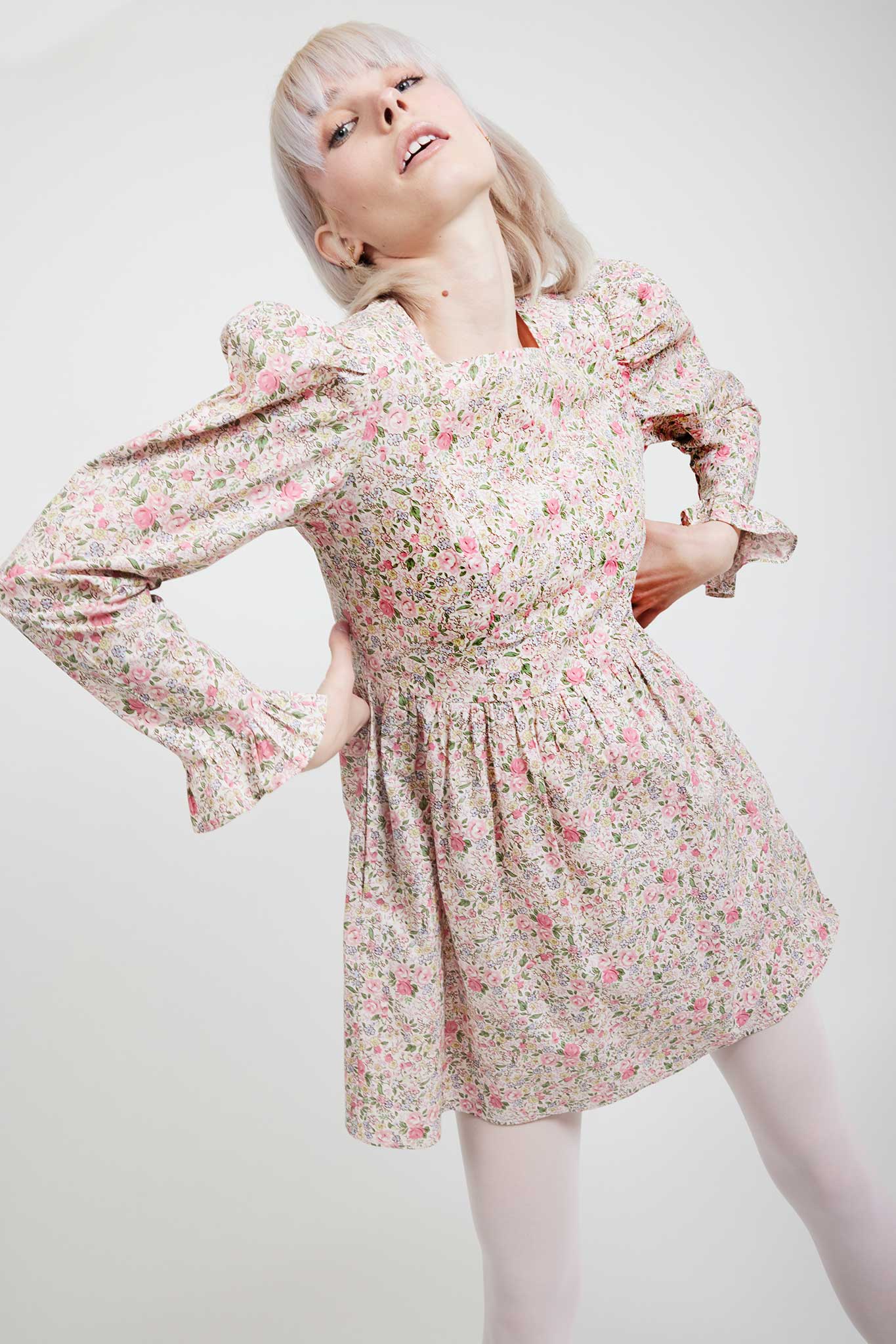 Laura Ashley x BATSHEVA Square Neck Mini Prairie Dress in Rowena