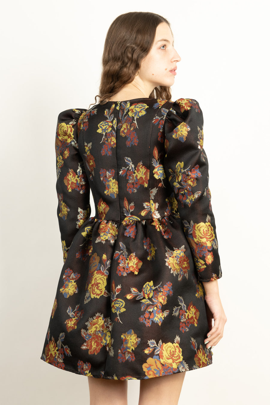 BATSHEVA - Square Neck Mini Prairie Dress in Black Floral Jacquard