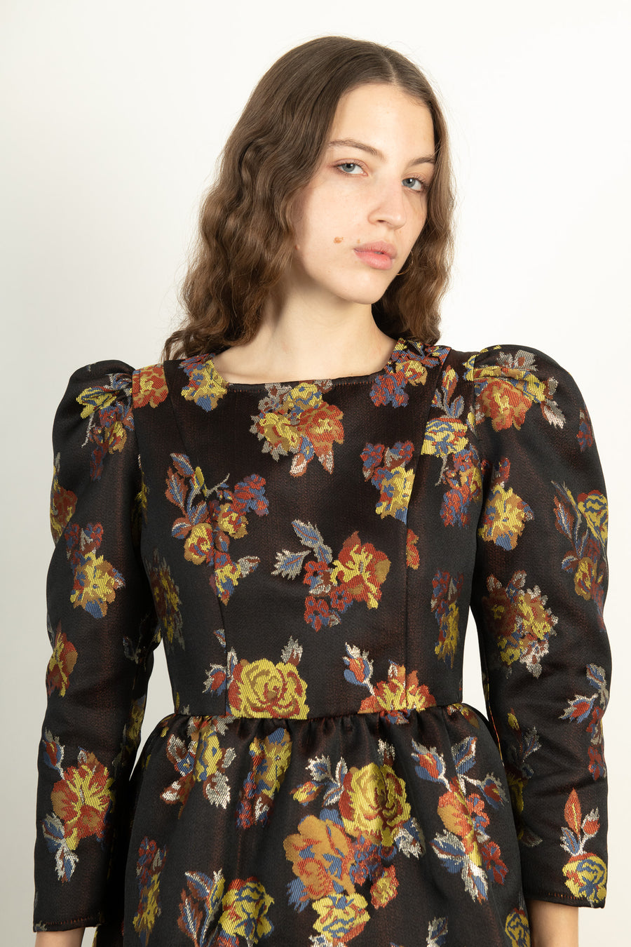 BATSHEVA - Square Neck Mini Prairie Dress in Black Floral Jacquard