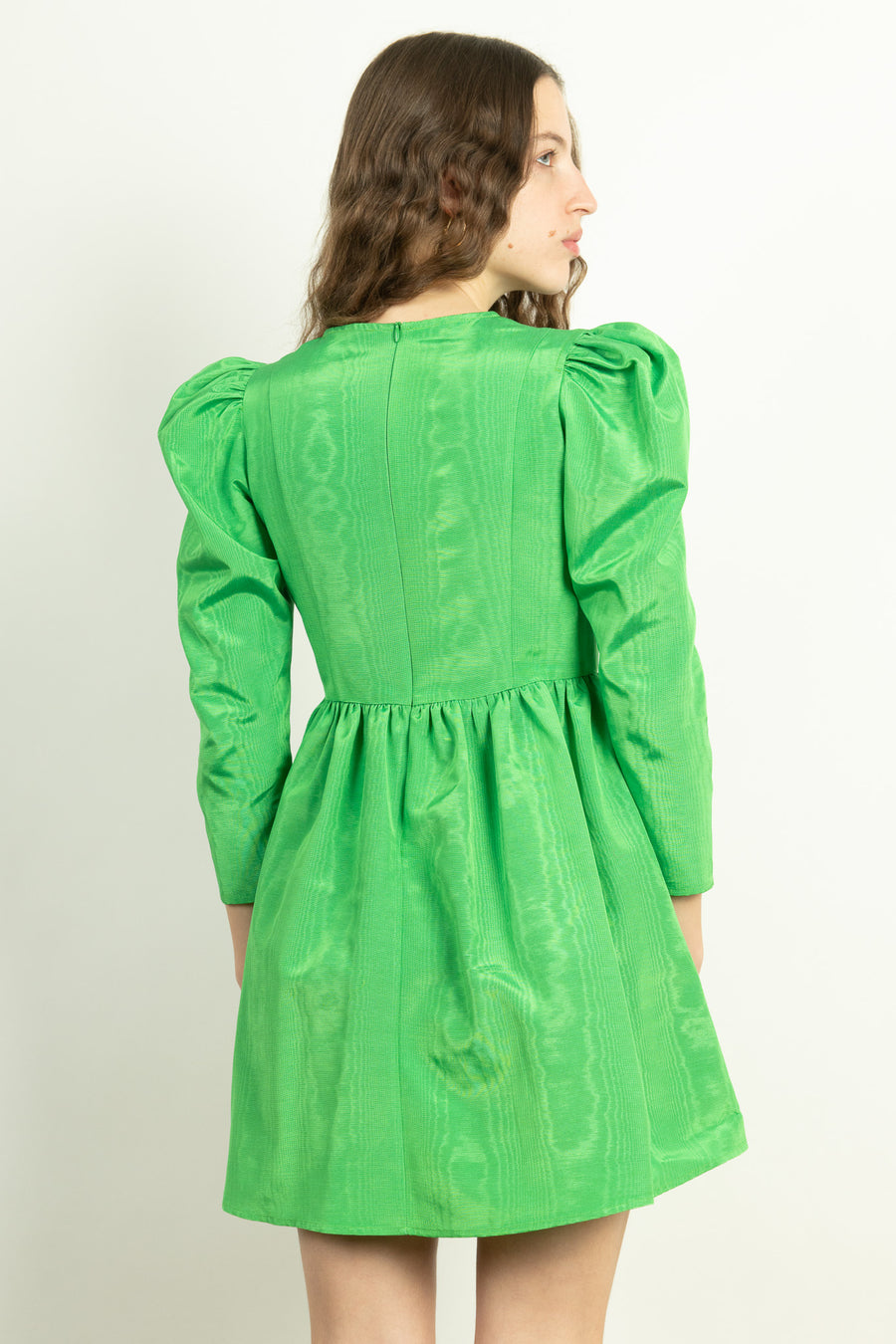 BATSHEVA - Square Neck Mini Prairie Dress in Emerald Green Moiré